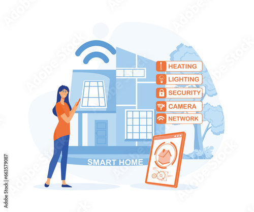 User of home intelligent system, Smart home application, Program on smartphone for security camera, Electric appliance control. flat vector modern illustration 