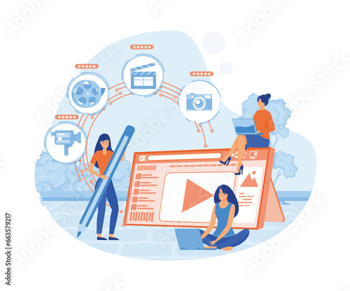 Modern flat design concept of Freelancer, blogger, content creator, copy writer with characters using device. flat vector modern illustration