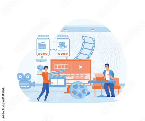 Professional video editor and motion designer edit the video. Flat vector modern illustration 