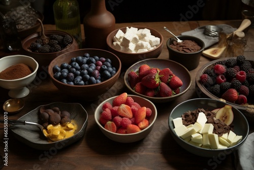 a table with bowls of fruit and chocolate. Generative AI