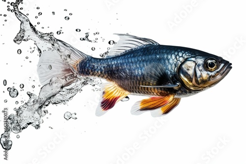 An image of a leaping fish surrounded by water splashes against a transparent background. Generative AI