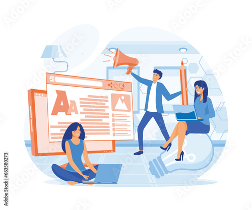 Blogging, Blogger. Freelance. Creative writing. Copy writer. Content management. flat vector modern illustration 