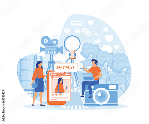 Blogging concept. Blogger creating photo and video content, writes new post for social media networks. flat vector modern illustration