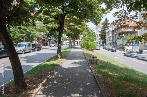 Boulevard San Stefano in center of Blagoevgrad town, Bulgaria, sunny summer day