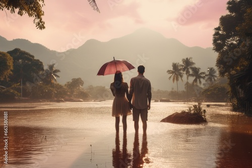 A couple is standing with an umbrella in the water. Dreamy scene.