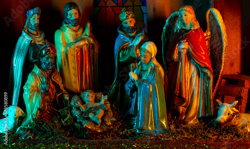 Bethlehem. A Christmas scene with baby Jesus, Mary and Joseph in the manger. Bethlehem. Christian religious. The Blessed Virgin Mary, Saint Joseph and baby Jesus.