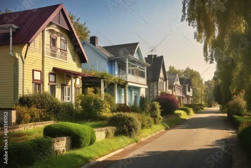 Picturesque suburban street with houses. Generative AI