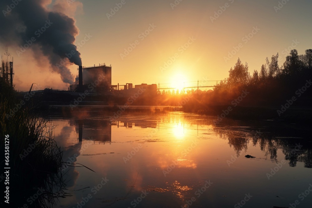 Industrial site with sunset, water, and smoke. Draws attention to air pollution. Generative AI