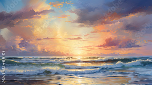 a painting of a sunset over the ocean with waves crashing on the shore and clouds in the sky over the ocean and the beach area © Ziyan Yang