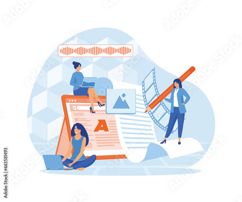 Engaging content, blogging, media planning, promotion in social network concept. flat vector modern illustration 