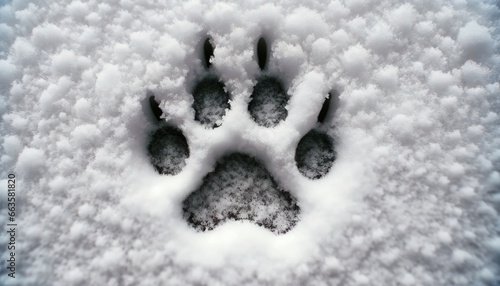 Photo capturing the imprint of a dog paw on the snow-covered ground of a house's garden.