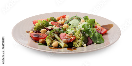 Tasty salad with balsamic vinegar isolated on white