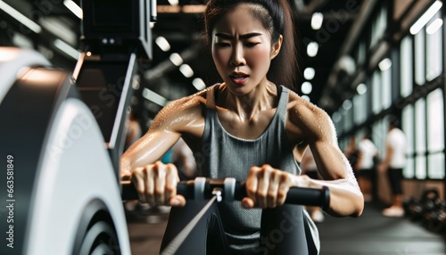 Close-up photo of an Asian woman in a bustling gym, showing immense determination as she vigorously engages with the rowing machine.