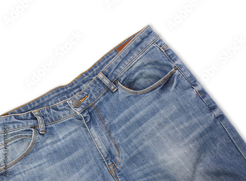 Stylish light blue jeans isolated on white, top view