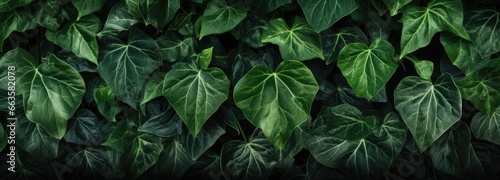 A vibrant green wall of leaves against a dark background © pham