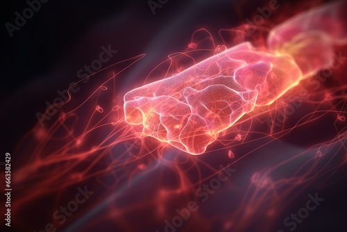 A laser passing through the skin, representing skin repair with serum or vitamins, depicting saggy skin cells in a 3D rendering. Generative AI