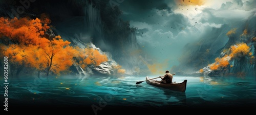 A serene river scene with a man peacefully sailing in a boat