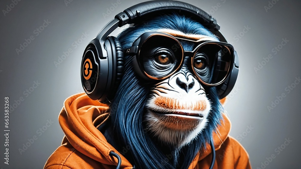 a monkey wearing headphones and a jacket with a hoodie - Generative AI a monkey wearing headphones and a jacket with a hoodie - Generative AI