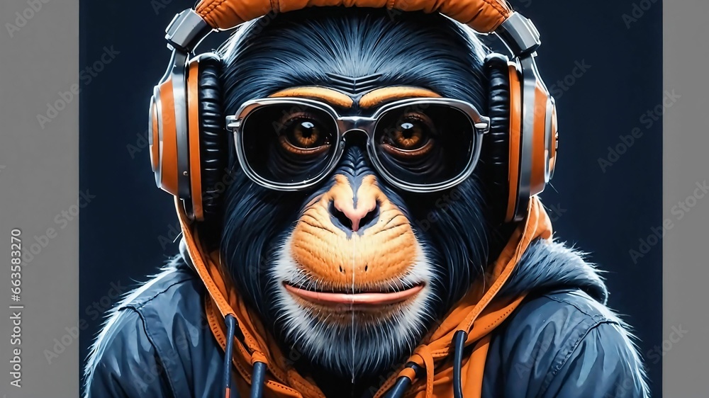 a monkey wearing headphones and a jacket with a hoodie on blue background a monkey wearing headphones and a jacket with a hoodie on blue background