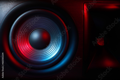 One sound speaker in neon light as background, closeup