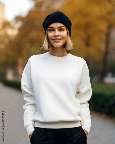 Young woman girl white crewneck sweatshirt mockup  photo