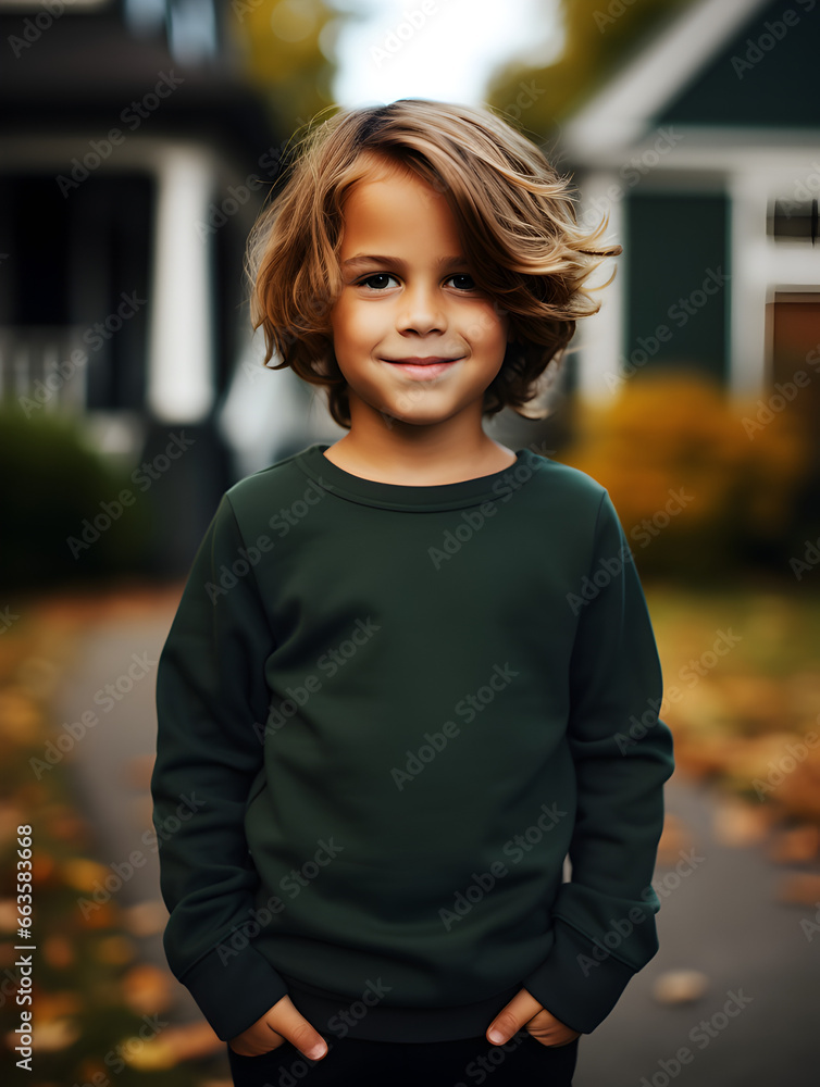 sweatshirt mockup of one young boy wearing a blank dark green crewneck sweatshirt standing in front of his house during autumn fall sweatshirt mockup of one young boy wearing a blank dark green crewneck sweatshirt standing in front of his house during autumn fall