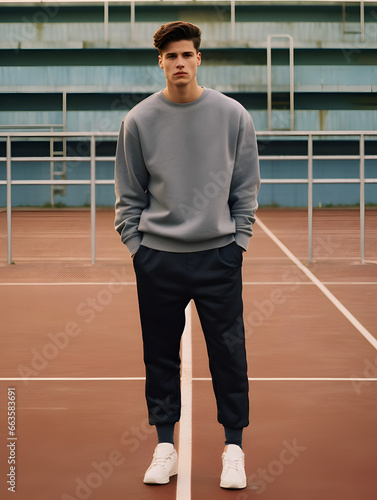 Photograph portrait of young handsome male man guy wearing a blank grey gray sweatshirt crewneck mockup mock up outside on the court in the city  photo
