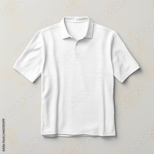 A white polo shirt hanging on a wall