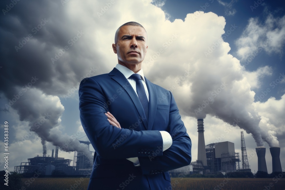 A businessman standing in front of industrial smoke stacks A businessman standing in front of industrial smoke stacks