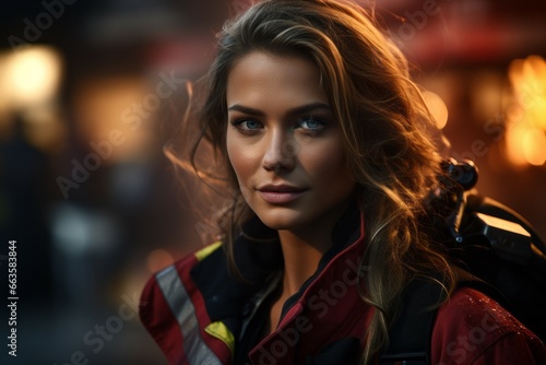 Woman firefighter or rescuer. Portrait with selective focus and copy space
