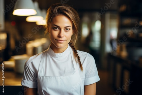 Female cook with happy emotion. Portrait with selective focus and copy space