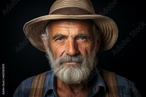 Old male farmer, studio lighting. Portrait with selective focus and copy space