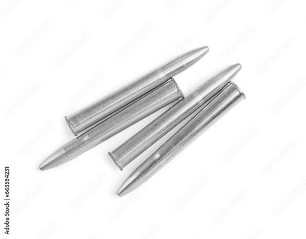 Metal bullets isolated on white, top view. Military ammunition Metal bullets isolated on white, top view. Military ammunition