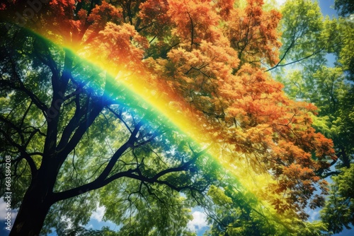 A vibrant rainbow arching over a majestic tree