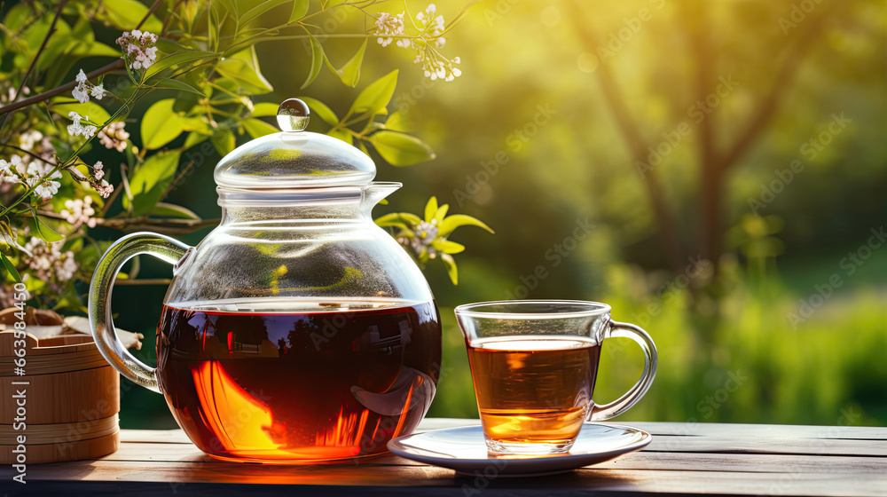 Black tea in glass cup and teapot on summer outdoor background. Copy space. Black tea in glass cup and teapot on summer outdoor background. Copy space.
