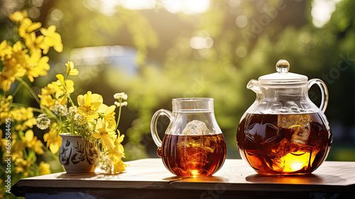 Black tea in glass cup and teapot on summer outdoor background. Copy space.