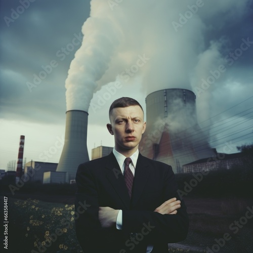 A businessman standing in front of industrial smoke stacks