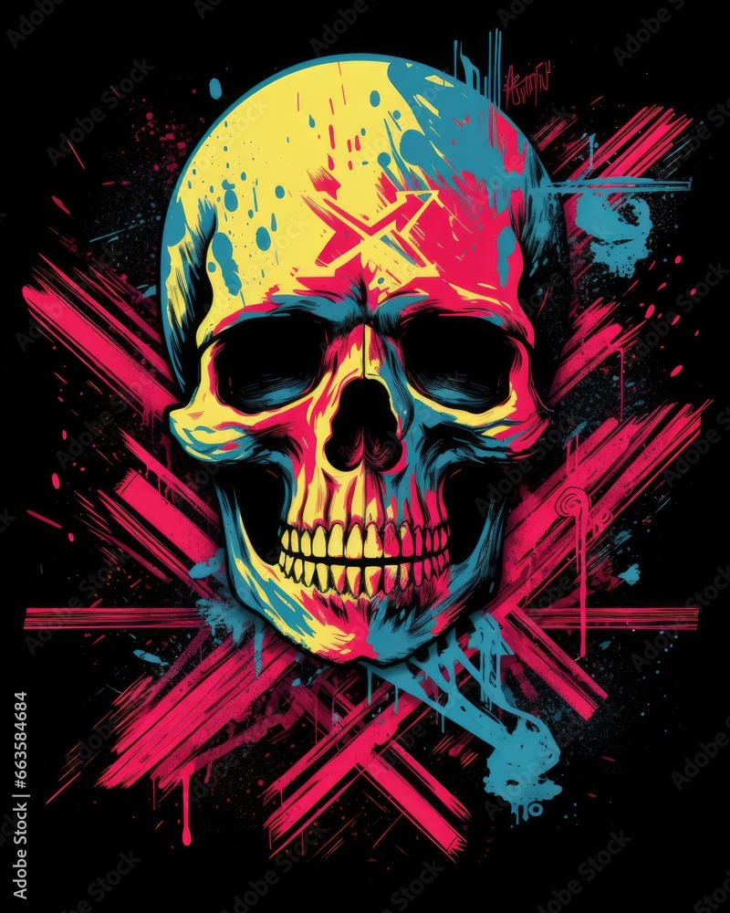 A vibrant and artistic skull with colorful paint splatters