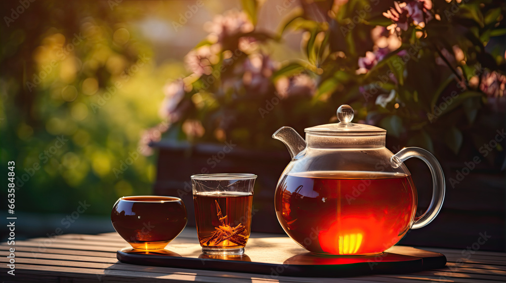 Black tea in glass cup and teapot on summer outdoor background. Copy space. - obrazy, fototapety, plakaty 