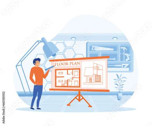 Man architect drawing house project floor plan at draftsman studio with adjustable drawing board desk. flat vector modern illustration 