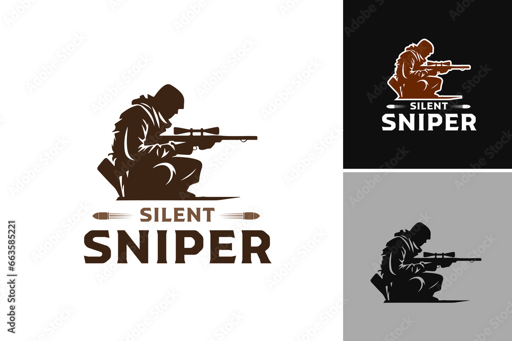 "Silent Sniper Logo" is a logo design asset that is ideal for businesses or organizations looking to convey qualities such as precision, stealth, and accuracy.  - obrazy, fototapety, plakaty 