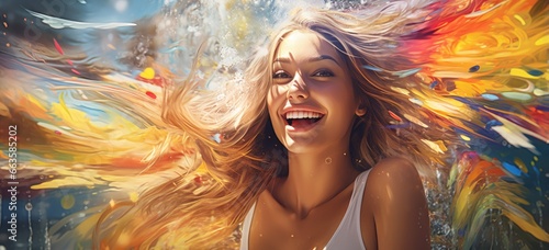 A happy woman enjoying the breeze with her hair flowing gracefully in the wind photo