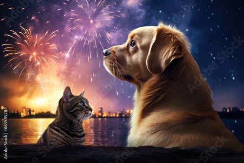 A dog and cat mesmerized by a spectacular fireworks display