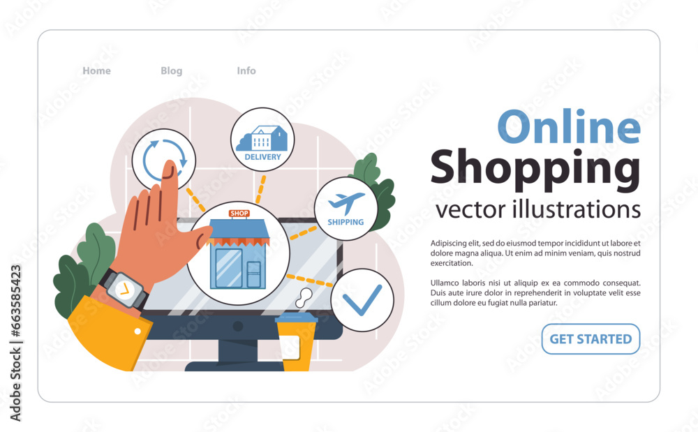 E-commerce set. Online shopping, character purchasing goods on a website E-commerce set. Online shopping, character purchasing goods on a website