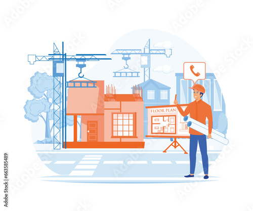 Architect Holding Blueprints near Construction Flat Cartoon Vector Illustration. flat vector modern illustration 