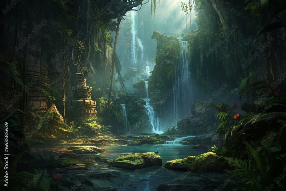Mystical setting of cascading waterfalls within an exotic jungle, providing inspiration for game design. Generative AI - obrazy, fototapety, plakaty 