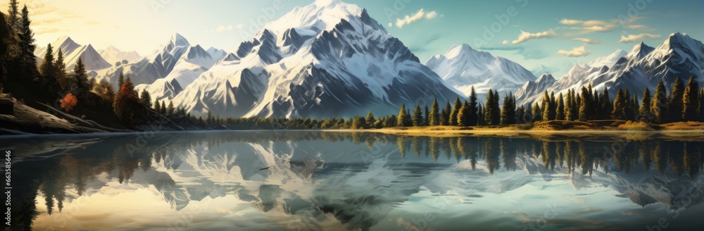 A breathtaking landscape painting capturing the tranquility of a mountain range and a serene lake