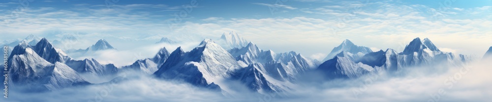 A breathtaking painting capturing the ethereal beauty of a mountain range shrouded in clouds