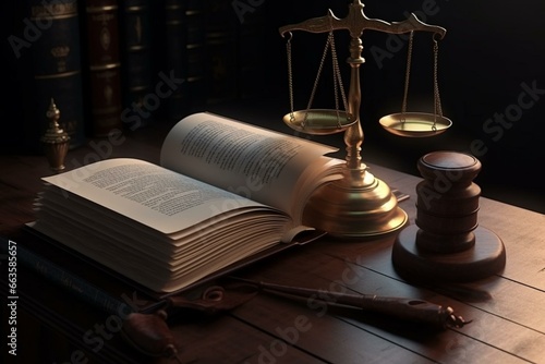 Justice scale, gavel on a book. Law, punishment, responsibility, constitutional rights. Abstract 3D illustration. Generative AI