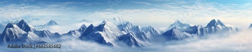 A breathtaking painting capturing the ethereal beauty of a mountain range shrouded in clouds © pham